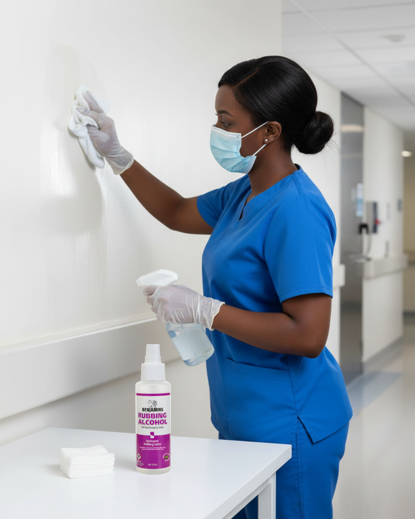 Woman cleaning hospital walls with Benjamins 70% Ethyl Rubbing Alcohol
